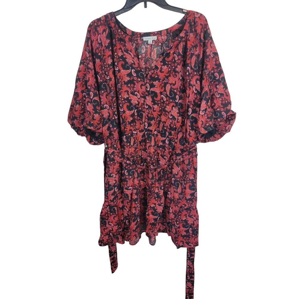 Ophelia Roe Red Paisley V-Neck Tie Waist Ruffle Puff Sleeve Dress Womens Size 3X